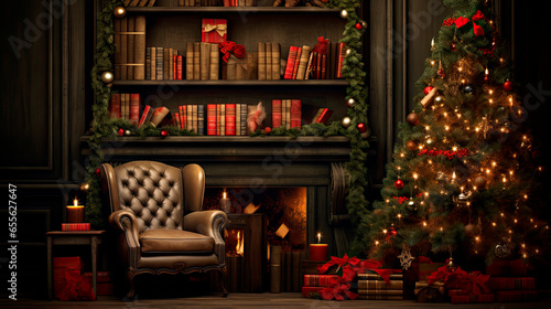 Christmas setting with an armchair by the fireplace and a bookcase close to a Christmas tree decorated with garlands and gifts in red boxes, Generative AI illustration