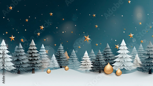 Christmas trees forest in on a snowy night with christmas decorations garlands and stars at twilight, Generative AI illustration