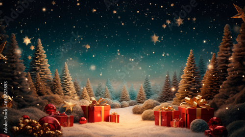 Illuminated christmas trees with red and golden garlands into a forest with snowy flakes with shape of stars  close to xmas gifts in red boxes , Generative AI illustration photo