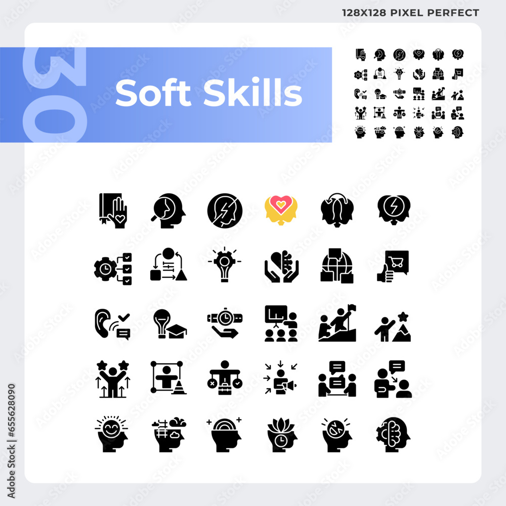 2D pixel perfect glyph style icons pack representing soft skills, black silhouette illustration.