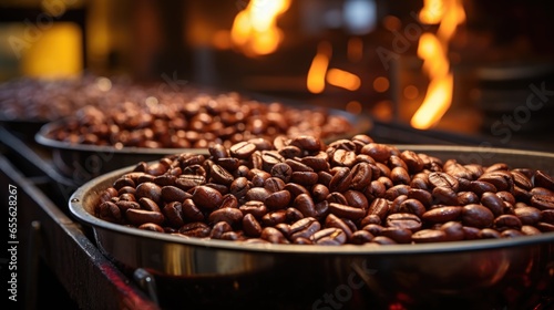 coffee beans in a bowl. Freshly roasted coffee beans from a large roaster in the cooling cylinder. 