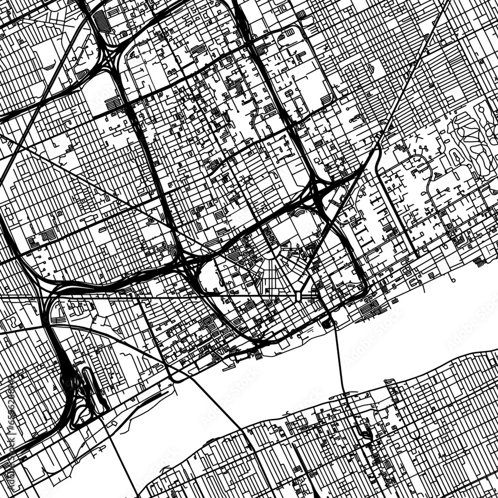 Naklejka premium 1:1 square aspect ratio vector road map of the city of Detroit Center Michigan in the United States of America with black roads on a white background.