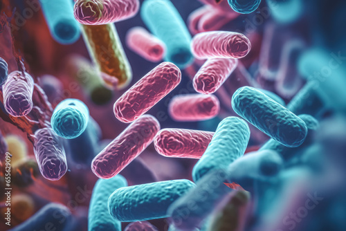Ultra-close macro view of probiotic bacteria teeming in the human gut  photo