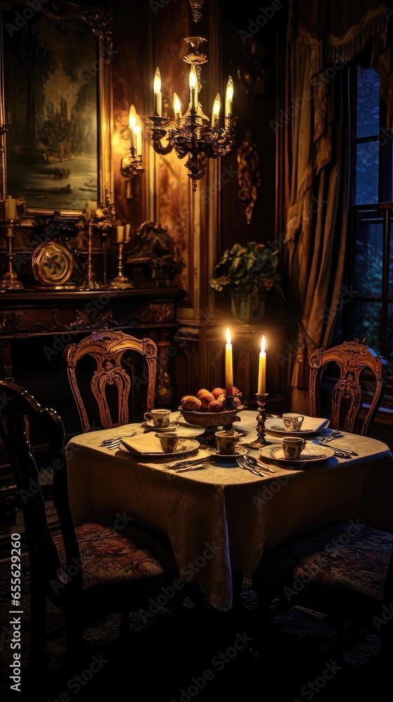 Enchanting Ambiance: Candlelit Elegance in a Vintage Dining Room. Generative AI 7