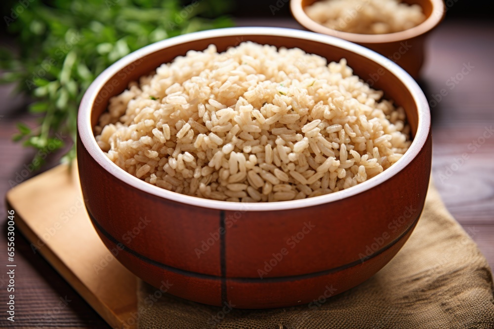 cooked brown rice in a ceramic bowl cooked brown rice in a ceramic bowl