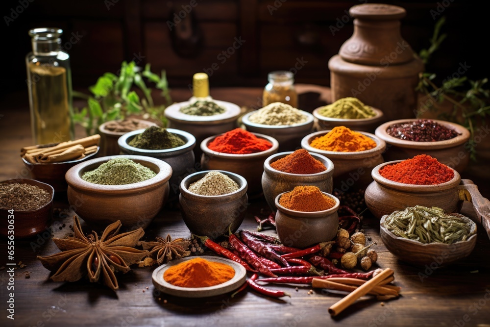 different kind of spices arranged on a wooden table different kind of spices arranged on a wooden table