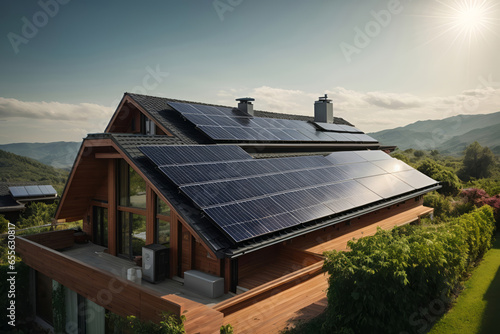 solar panels on the roof of house with eco green concept environment photo