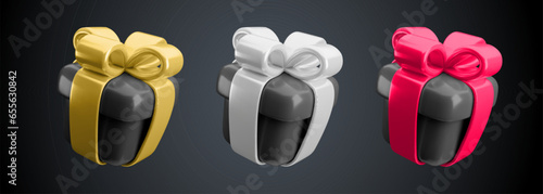 Vector 3d gift box icons set. Cute realistic black Friday present with gold, silver and red ribbon isolated on black background. Minimal 3d render black surprise box illustration