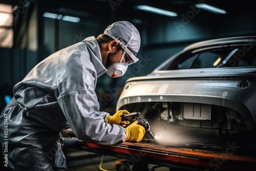 Car body repairs applying plaster on a modern car. Generative AI.