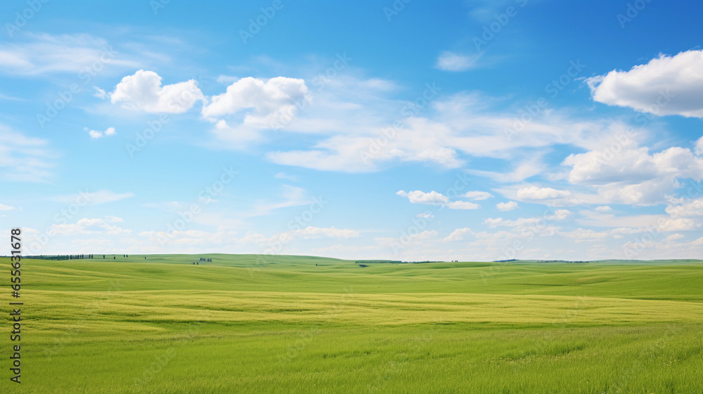 A wide-angle shot of a stunning prairie landscape with space for text, with a clear sky providing ample space for text placement. AI generated
