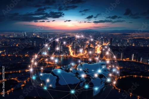 Global network illustration over a city