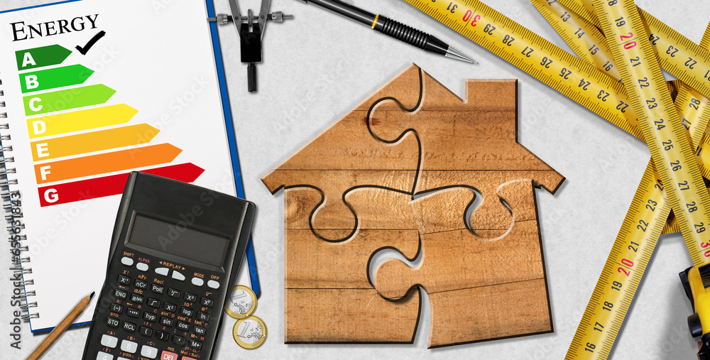 Picture of House energy efficiency rating. Small wooden model house made of puzzle ...