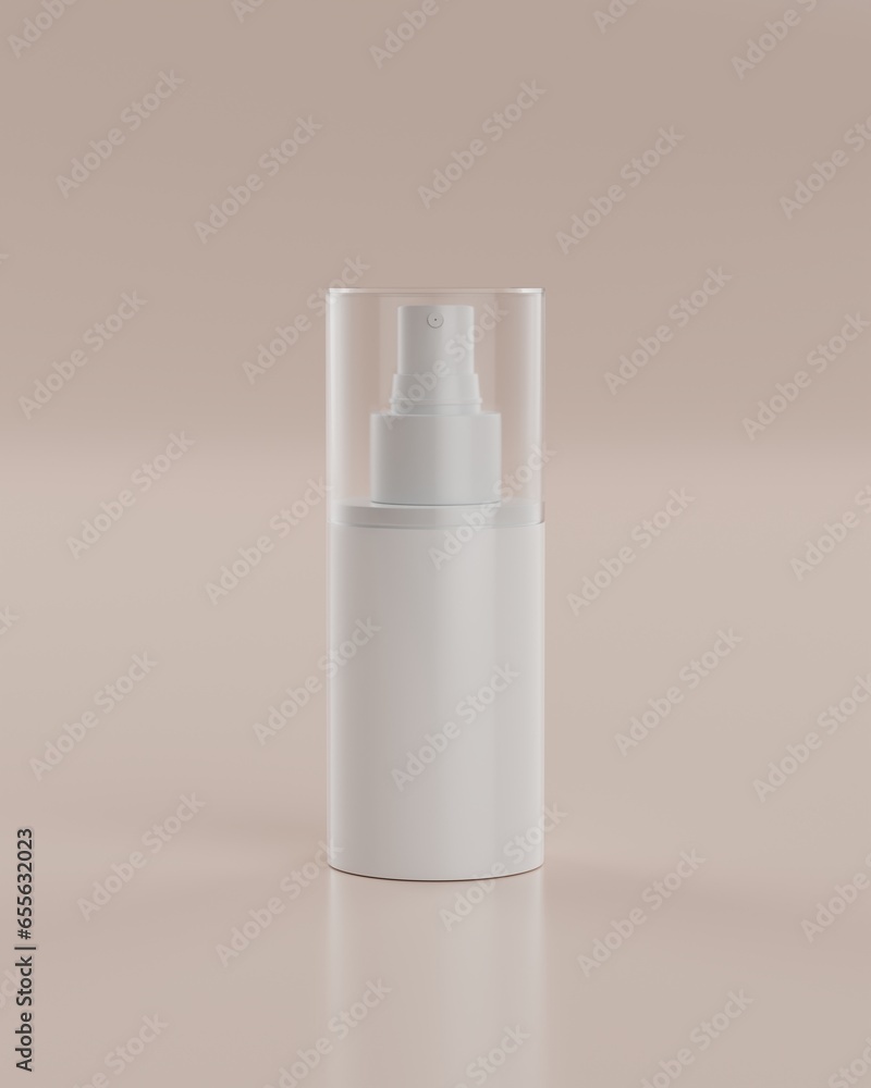The plain white packaging spray bottle of a skincare product with beige background viewed from front for mockup. 3D Rendering The plain white packaging spray bottle of a skincare product with beige background viewed from front for mockup. 3D Rendering
