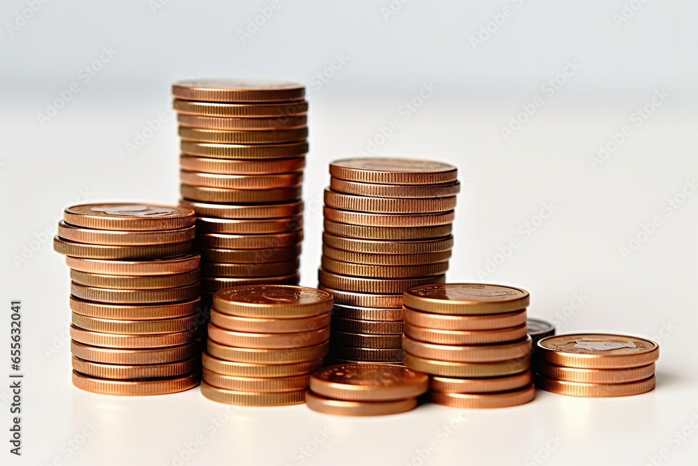 Stack of gold coins on a white background. Profit making concept. Successful business. Generated by artificial intelligence Stack of gold coins on a white background. Profit making concept. Successful business. Generated by artificial intelligence