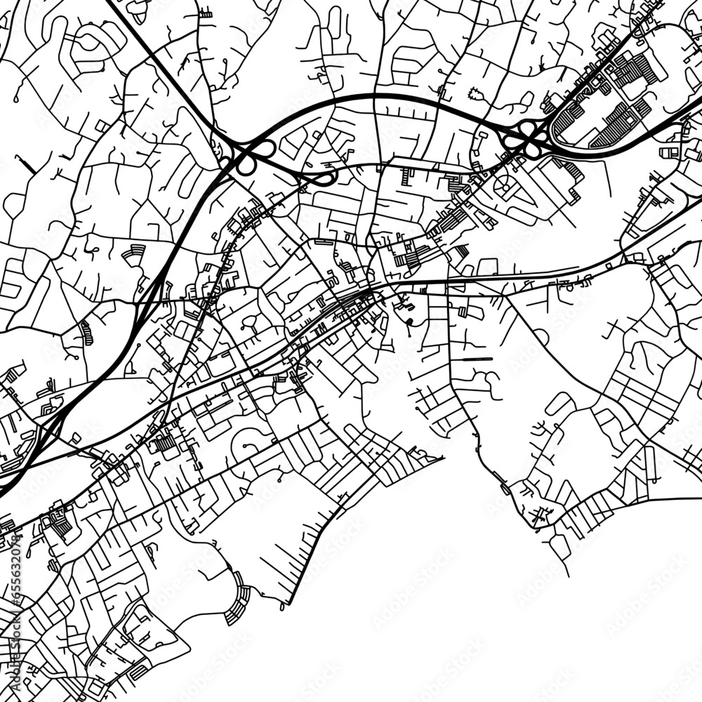 1:1 square aspect ratio vector road map of the city of  Midford Connecticut in the United States of America with black roads on a white background.
