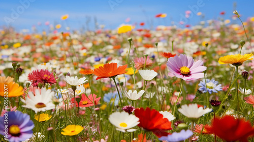 An image of a prairie covered in a colorful carpet of wildflowers with space for text, creating a vibrant scene with a designated area for text. AI generated