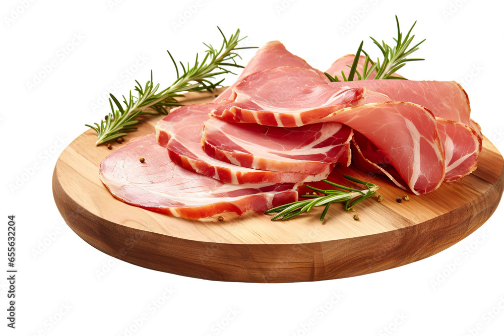 Slices of tasty cured ham and rosemary on wooden board on a white background studio shot isolated PNG