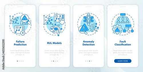 2D blue icons representing predictive maintenance mobile app screen set. Walkthrough 4 steps graphic instructions with line icons concept, UI, UX, GUI template.