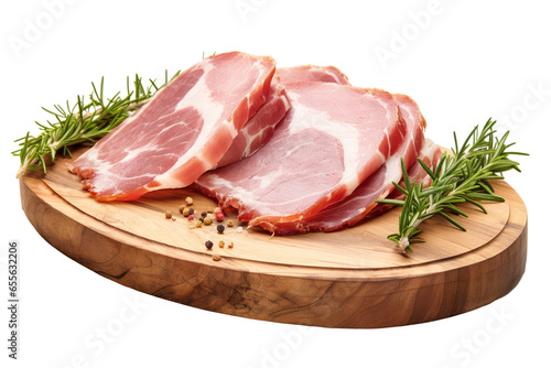 Slices of tasty cured ham and rosemary on wooden board on a white background studio shot isolated PNG