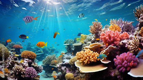 An underwater photograph showcasing colorful coral reefs teeming with marine life with space for text. AI generated © Hifzhan Graphics