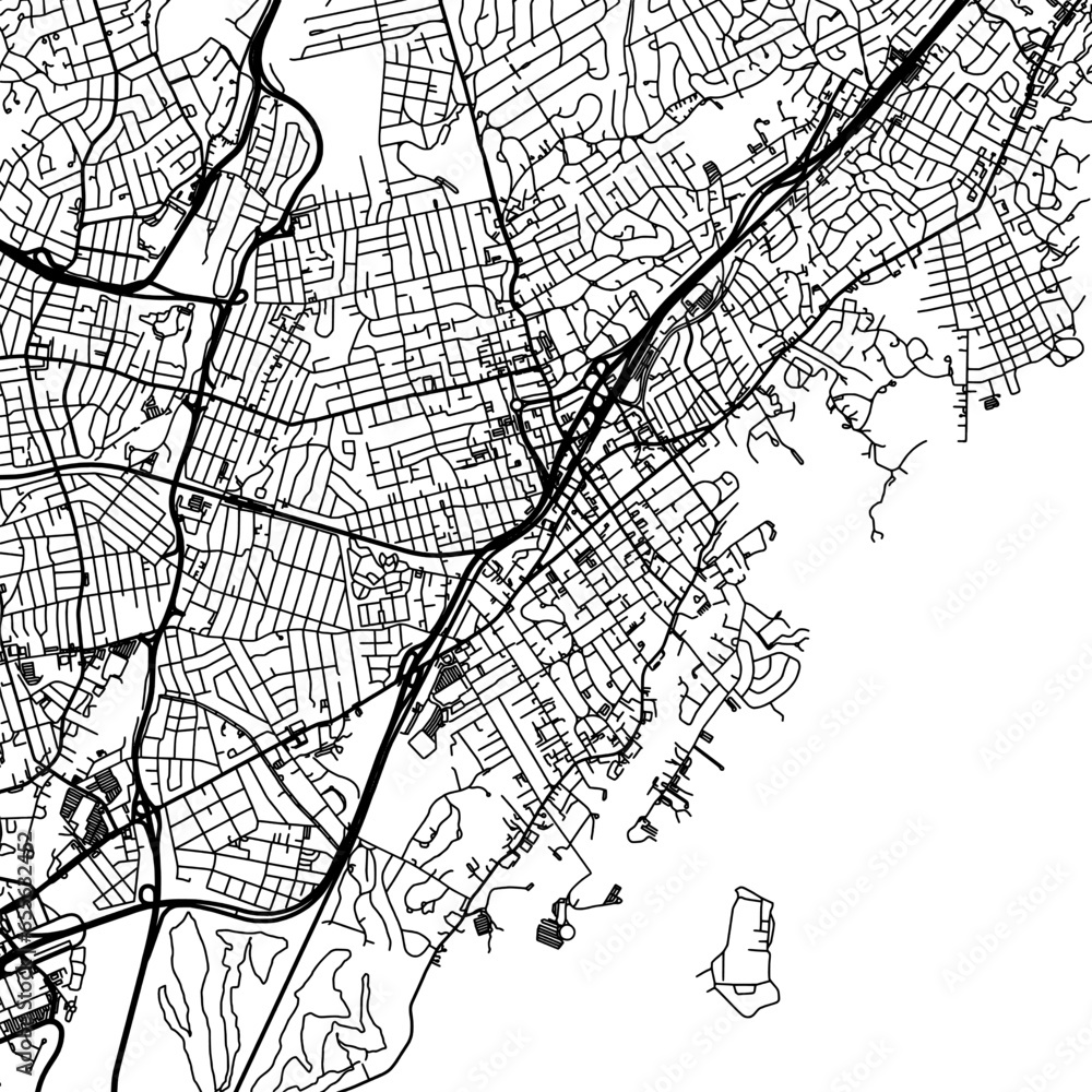 1:1 square aspect ratio vector road map of the city of  New Rochelle New York in the United States of America with black roads on a white background.