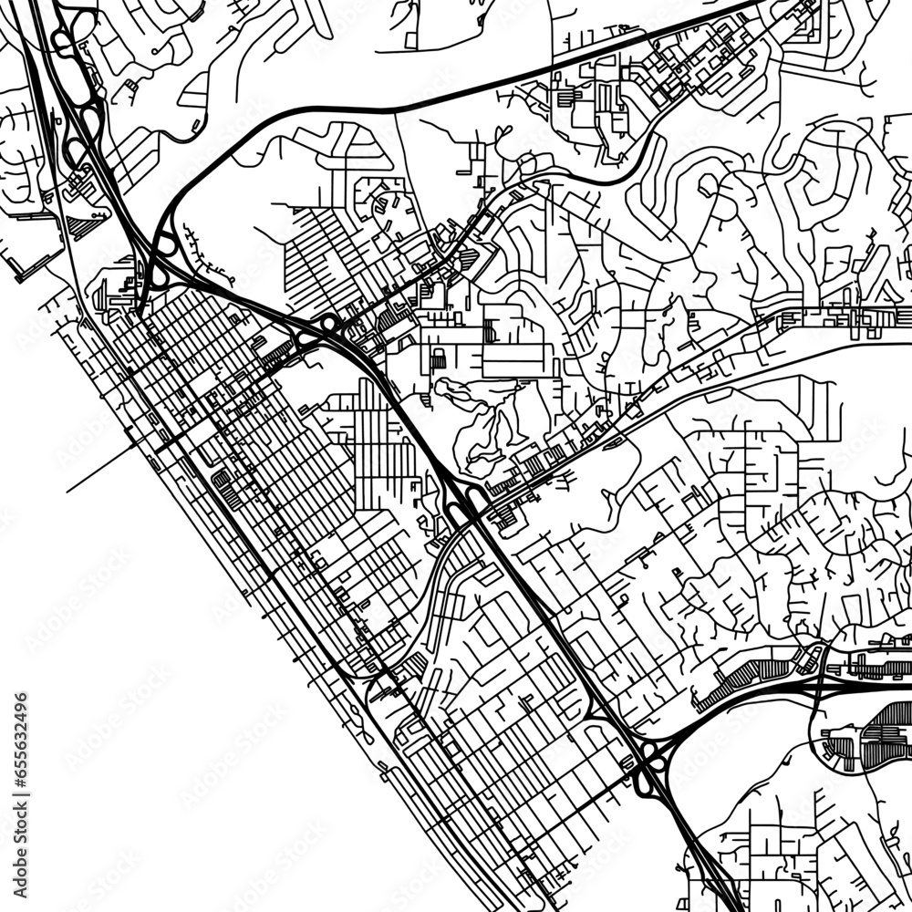 Fototapeta premium 1:1 square aspect ratio vector road map of the city of Oceanside California in the United States of America with black roads on a white background.
