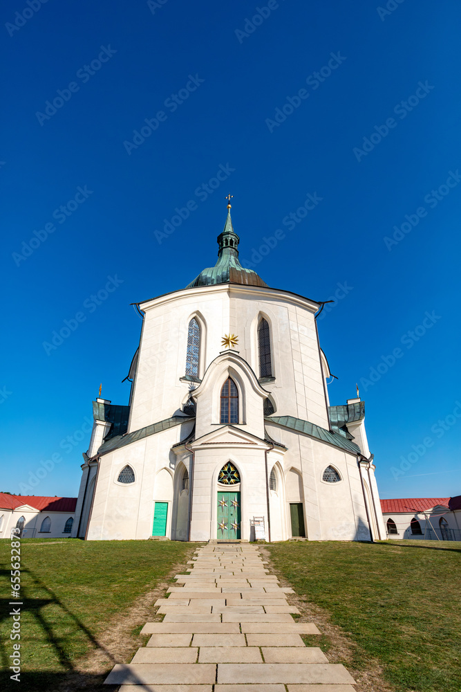 Pilgrimage church of Saint John of Nepomuk on Zelena Hora, green hill, monument UNESCO World Heritage Site, Zdar nad Sazavou, Czech Republic. Baroque Gothic architecture in central Europe