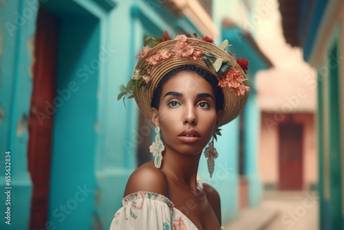 Cuban woman fashion street. Smoke face. Generate Ai © nsit0108
