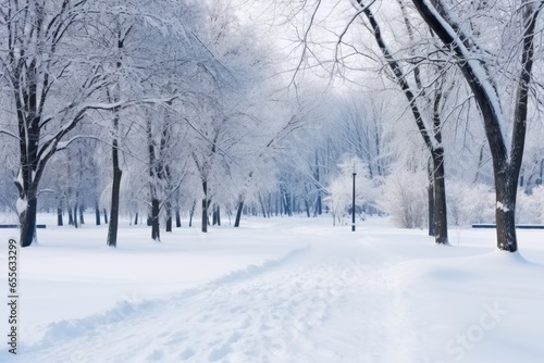 thick blanket of snow covering a winding park pathway