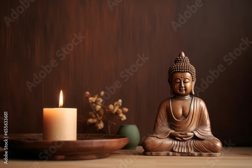 Decorative buddha statue on table. Zen temple. Generate Ai