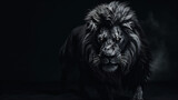 The grayscale shot of the lion with a human body in black background