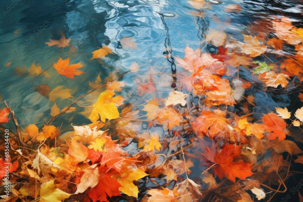 bright autumn leaves floating on still water
