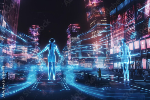 Street virtual reality of woman ice-skating christmas festive decorations background with bright coloured city lights mock-up