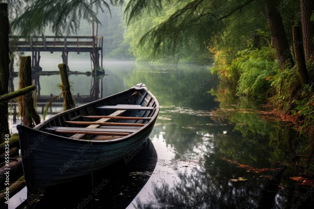 Obraz premium a rowboat docked near a wooden bridge