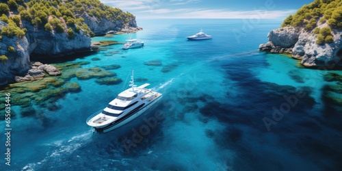 In Croatia, Yachts Glide Atop The Serene Surface Of The Adriatic Sea, Showcasing Luxurious Travel Experiences . Сoncept Luxurious Travel Experiences, Yachts Gliding, Serene Adriatic Sea, Croatia