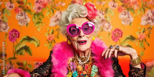 Hilarious Portraits Showcase A Senior Grandmother Elegantly Dressed For A Special Event, Striking Poses Against Colorful Backgrounds . Сoncept Grandmother, Hilarious Portraits, Elegantly Dressed