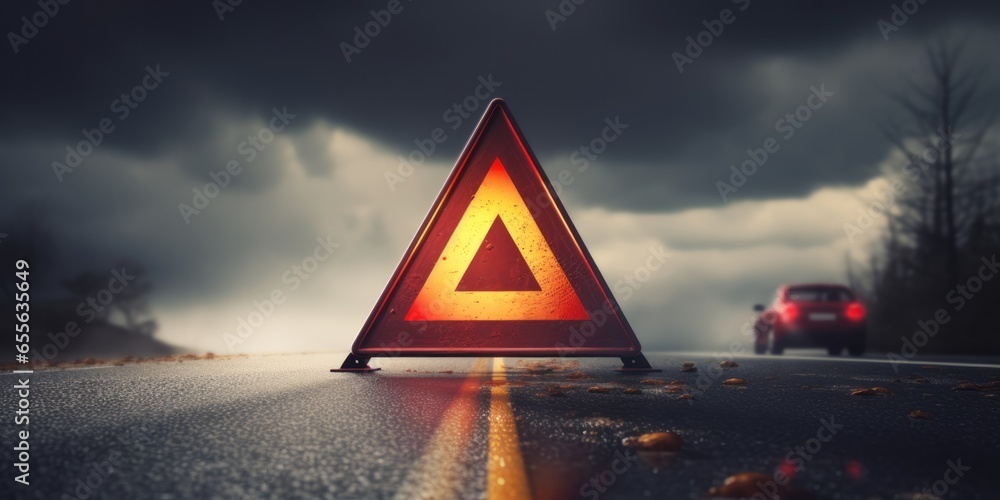 Car With A Red Triangle Sign Indicating A Hazard On The Road . Сoncept Road Hazards, Warning