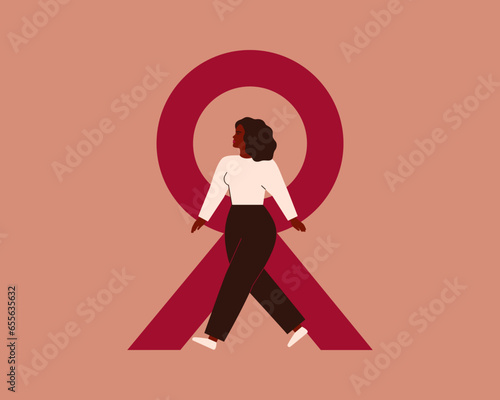 Black Woman near big pink ribbon as Breast cancer awareness symbol. Poster of support and solidarity with females fighting oncological diseases. Aids and HIV concept with red ribbon and Strong Girl.
