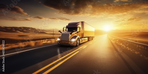A Truck In Motion On A Highway Under The Golden Hues Of A Setting Sun