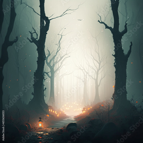 Scary path in dark forest at night