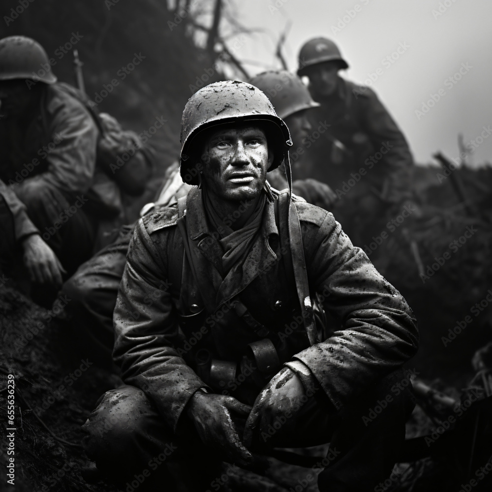 Black and white soldier in military warzone background
