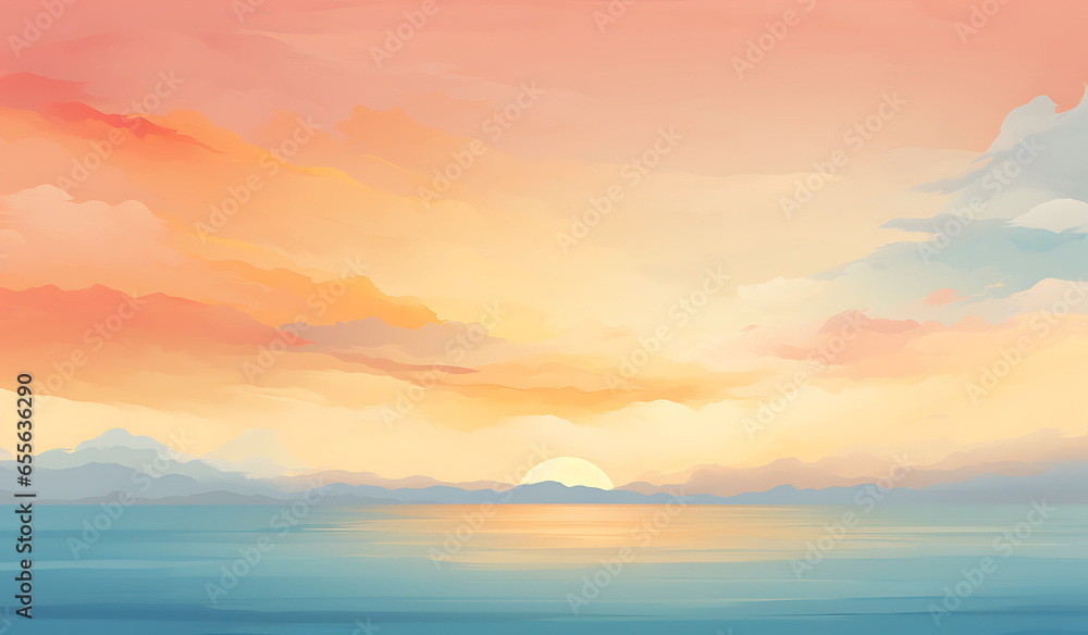 An enchanting gradient that transitions from warm, soft oranges and yellows at the horizon to soothing pastel blues high above that captures the serene beauty of a tranquil sunset or sunrise