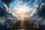 Stairs leading to the sky with cloud and heaven city. Generative AI