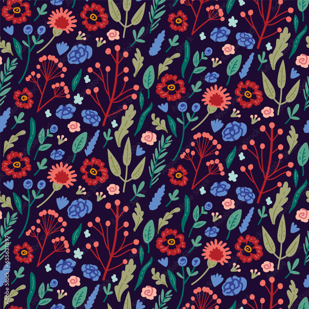 Vector seamless pattern with hand drawn wild plants, herbs and flowers, colorful botanical illustration, floral elements, hand drawn repeating background. Wild meadow herbs, flowering flowers Vector seamless pattern with hand drawn wild plants, herbs and flowers, colorful botanical illustration, floral elements, hand drawn repeating background. Wild meadow herbs, flowering flowers