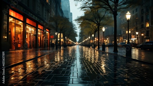 Noir-inspired rainy street, dramatic shadows and reflections