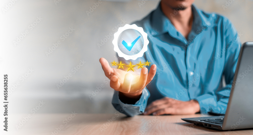 Quality Assurance Concept. Business people show high quality assurance mark, excellence service, high quality, business excellence. good service, premium, five stars, premium service assurance, Quality Assurance Concept. Business people show high quality assurance mark, excellence service, high quality, business excellence. good service, premium, five stars, premium service assurance,