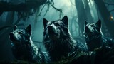 Pack of wolves in a moonlit forest clearing

