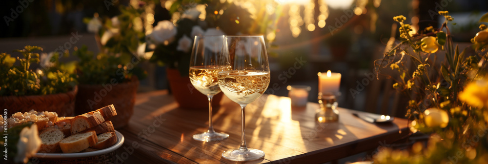 Close-up of glasses of white wine in street cafe at sunset
