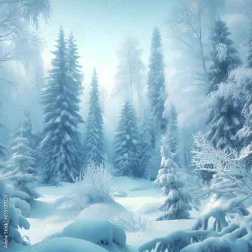 Enchanting Winter Forest with A Snowy Blue Wonderland