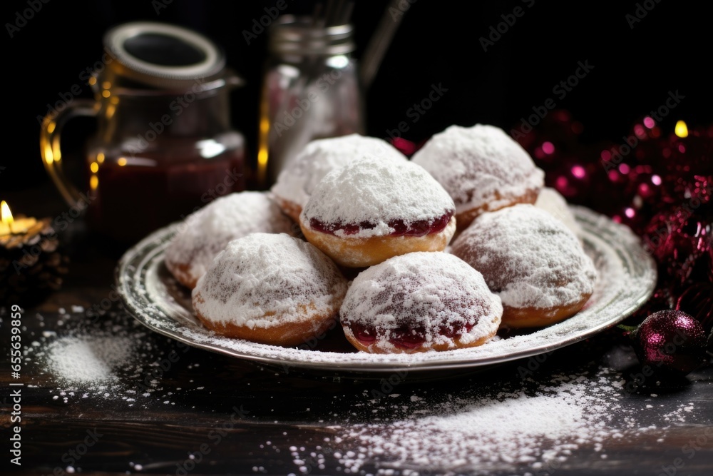 fresh sufganiyot dusted with powdered sugar on a festive platter fresh sufganiyot dusted with powdered sugar on a festive platter